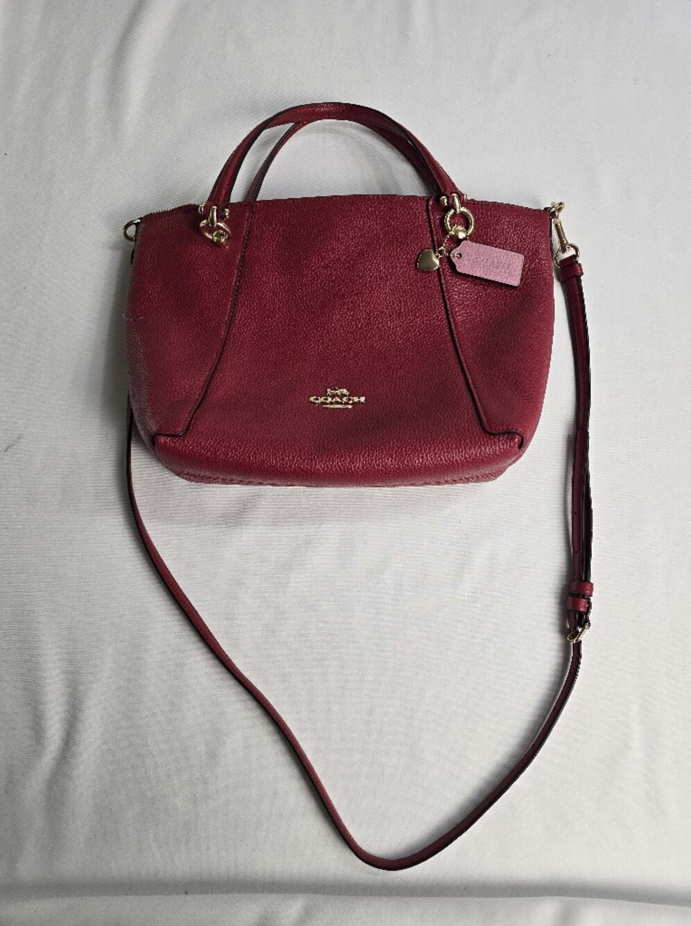 Coach Red Pebbled Leather Satchel Purse With Pink Tag And Heart Charm - Picture 2 of 12